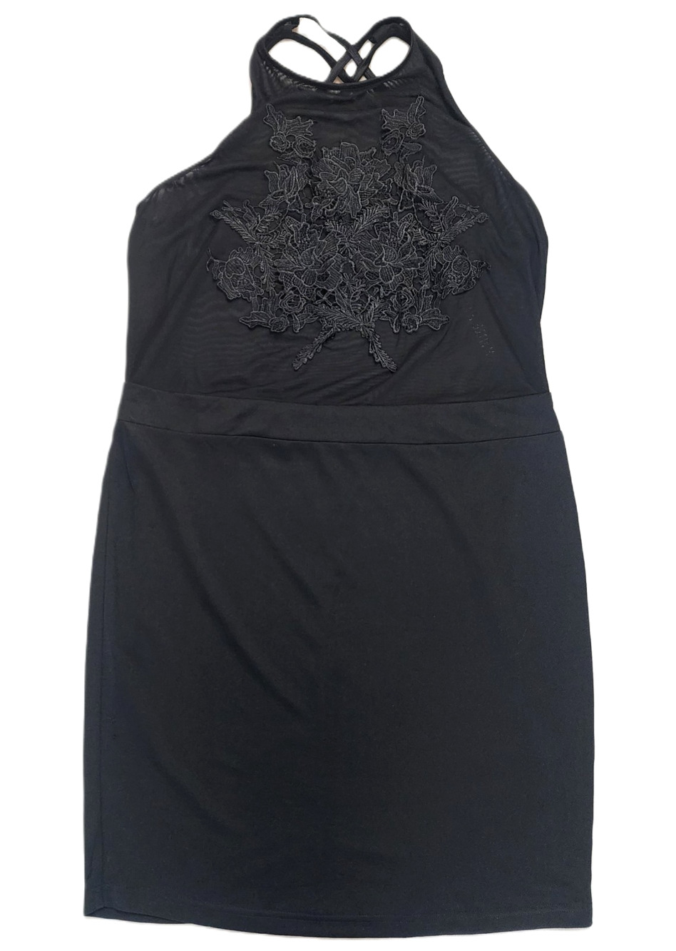 Haute Fox Black Lace Halter Dress 3X Black Crisscross Back Mesh Bodice Evening